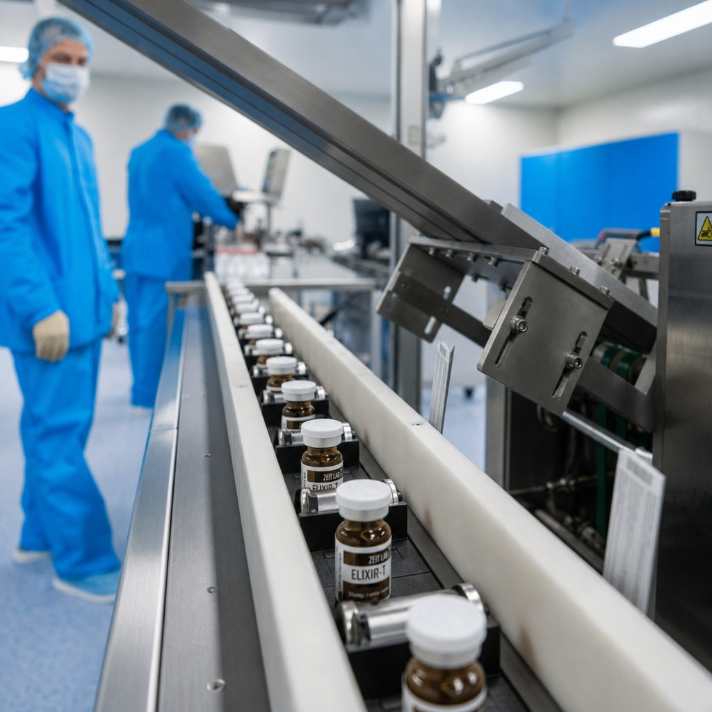 ZEIT LAB manufacturing line with research peptide vials